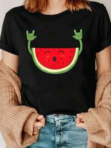 Camiseta de verano genial, informal, con estampado divertido de sandía, camiseta de mujer, moderna y casual, perfecta para actividades al aire libre y la vida diaria, un bonito regalo. - Negro - Ver 7