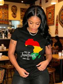 Women's T-Shirt, Juneteenth Print T-Shirt, Casual Round Neck Short Sleeve T-Shirt, Women's Clothing, Ladies' T-Shirts, Summer Wardrobe Essential, Motivational Clothing, Impact Top, Comfortable Fit, Short Sleeve Top, For Fashion Lovers - 黑色 - 查看 3