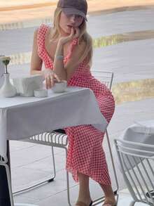 New Women's Long Summer Dress V-Neck Strappy Plaid Holiday Style Elegant Sensual European Fashion - 紅色 - 查看 5