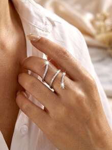 1pc Coiled Snake Design Cubic Zirconia Copper Adjustable Open Ring - White - View 3
