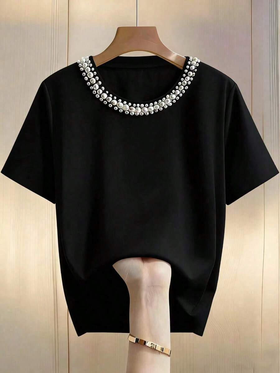 Versatile And Casual Everyday Short-Sleeved T-Shirt With Round Neck And Faux Pearl Embellishments For Plus-Size Women - 黑色 - View 1