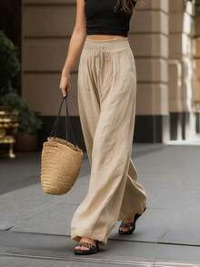 Holidaya Pantalones anchos de cintura alta y sueltos de unicolor para mujer, elegante atuendo de moda adecuado para primavera, verano, otoño e invierno, apropiado para vacaciones, ir al trabajo, uso diario, que muestra una elegancia graciosa, adecuado para fiestas, playa, citas románticas, casual y elegante para ir al trabajo, versátil para uso diario - Albaricoque - Ver 4