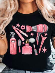 Women's Casual Short Sleeve T-Shirt - Hairdressing Tools And Stars Print In Pink, Light Gray Top, Breathable Crew Neck, Machine Washable Salon Wear, Gift For Stylists And Beauty Professionals, Hairdressers - 黑色 - 查看 1