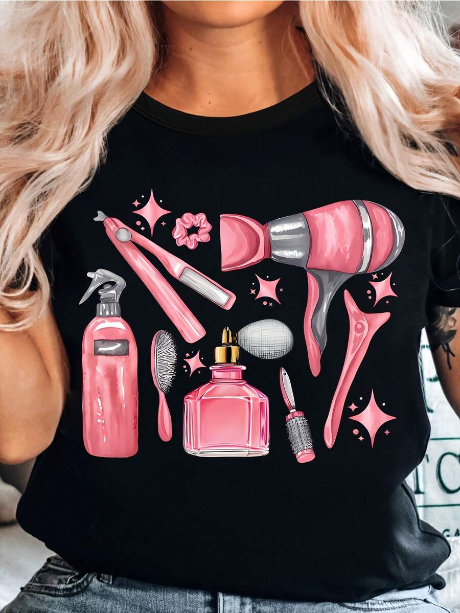 Women's Casual Short Sleeve T-Shirt - Hairdressing Tools And Stars Print In Pink, Light Gray Top, Breathable Crew Neck, Machine Washable Salon Wear, Gift For Stylists And Beauty Professionals, Hairdressers - 黑色 - 查看 1