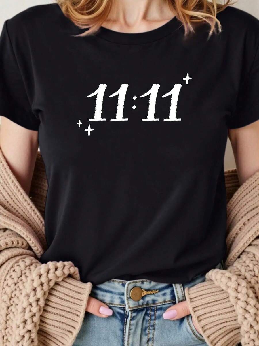 Women's Plus Size Casual Graphic T-Shirt - Round Neck, Short Sleeve, Blend, Black With White "11:27.94Cm" Print And Star, Lightweight And Breathable For Casual Wear, Beautiful Summer Tops. - 黑色 - 查看 1