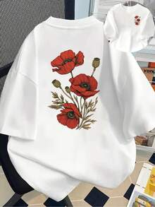 180g Cotton Short-Sleeved T-Shirt - Short-Sleeved T-Shirt With Front And Back Print - Red Poppy, Poppy Flower - Fashionable Printed T-Shirt For Women, Spring/Summer, Your Best Choice! - Unisex Style. - 白色 - 查看 6