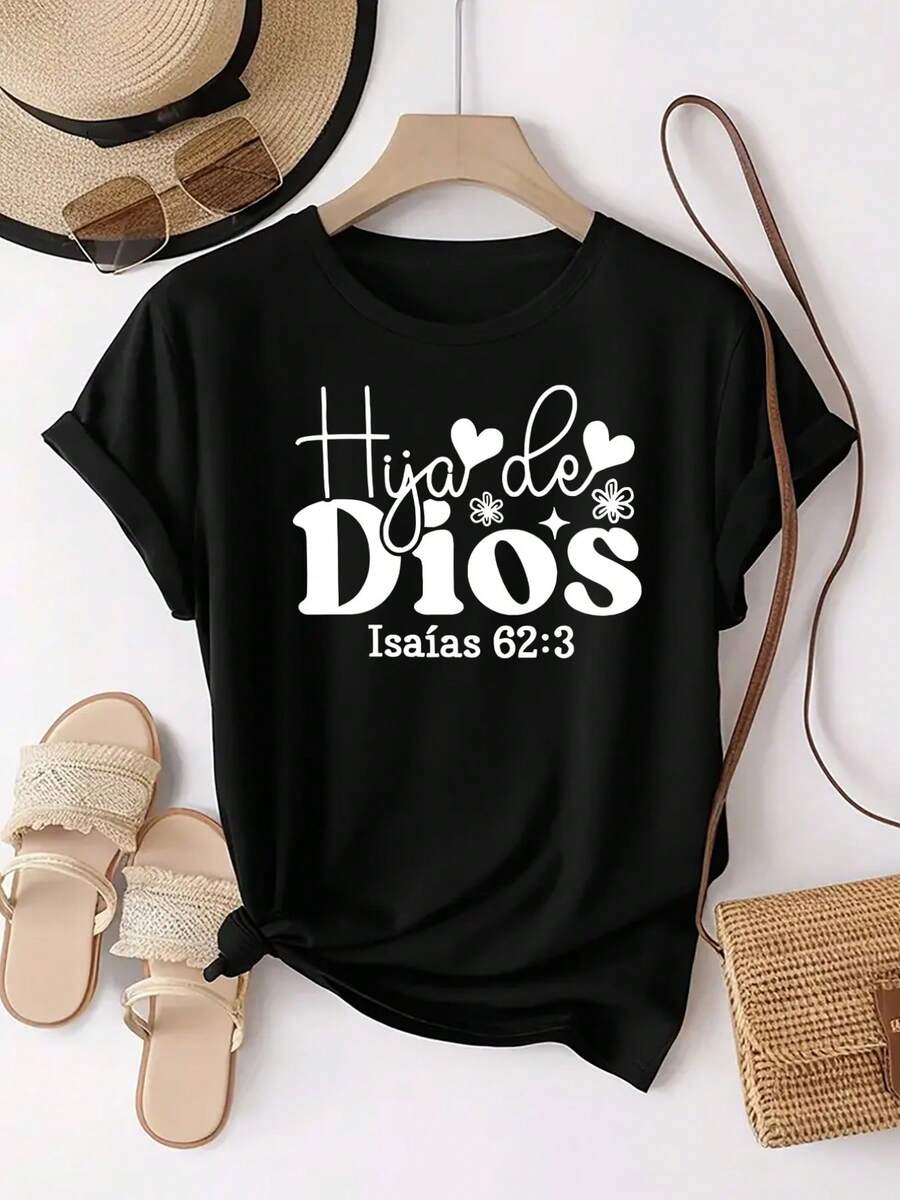 Fashionable Women's Athletic T-Shirt, Comfortable, Casual, Everyday Wear, With Round Neck, Short Sleeves And Pattern Print With The Text "Daughter Of God", Adorned With Hearts And Flowers - 黑色 - 查看 1