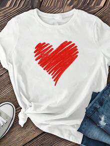 Women's Fun Short-Sleeved T-Shirt With "Painted Heart" Print, Made Of Soft And Breathable Polyester Fiber, Medium Elasticity, Machine Washable, Casual Short-Sleeved T-Shirt With Round Neck And Print, Women's Clothing, Versatile Top For Everyday Wear In Summer. - 白色 - 查看 6