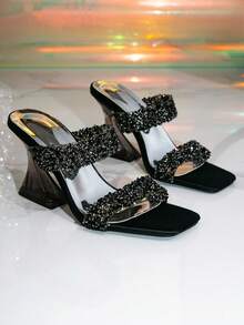 1 đôi dép hở gót đính sequin mũi vuông thời trang, kiểu dáng thanh lịch, đế chunky đính pha lê, thích hợp cho các câu lạc bộ đêm mùa hè dành cho nữ. - màu đen - Xem 7