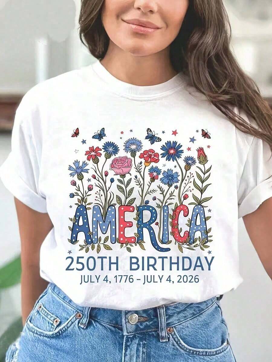 100% Cotton Plus Size - Women's Plus Size T-Shirt | Casual Short-Sleeved Crew Neck T-Shirt, Medium Stretch Fabric, Machine Washable, Comfortable Fit For All Seasons, Unique 2D Flat Print. - 白色 - 查看 1