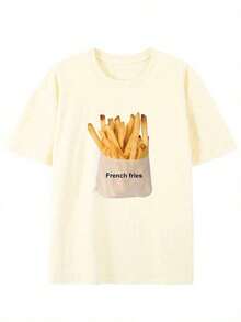 Premium Cotton T-Shirt With Vintage Style And Creative French Fry Print - Casual Crew Neck, Short Sleeve For Summer - 杏色 - 查看 7