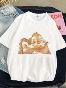 &nbsp;   Camisetas para Mujer, Ropa Femenina, Manga Corta Regular, Linda Camiseta con Estampado de Chip y Dale, Camiseta Gráfica de Dibujos Animados a la Moda para Damas, Nueva - Blanco - Ver 1