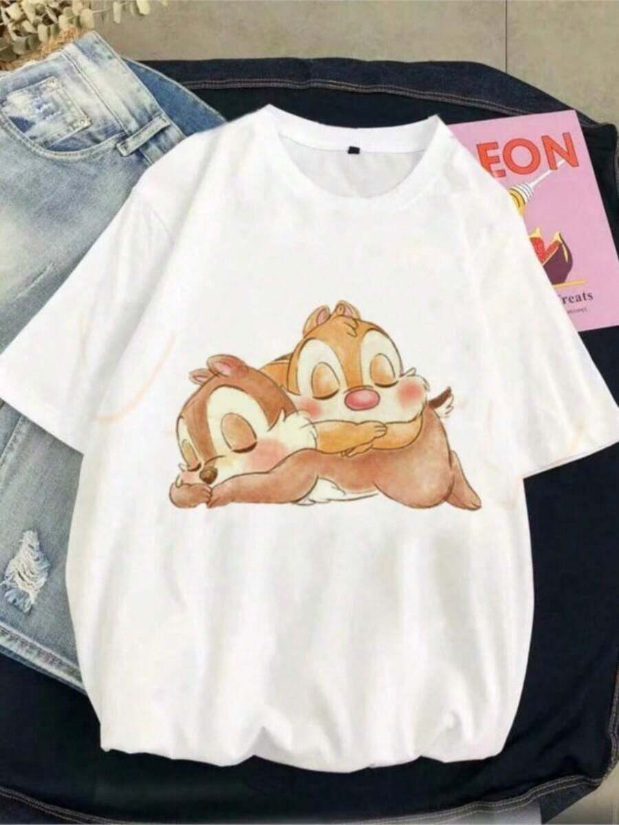  Camisetas para Mujer, Ropa Femenina, Manga Corta Regular, Linda Camiseta con Estampado de Chip y Dale, Camiseta Gráfica de Dibujos Animados a la Moda para Damas, Nueva - Blanco - Ver 1
