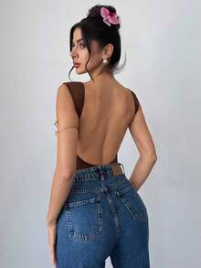 Body elegante y romántico sin espalda para mujer, adecuado para fiestas, vacaciones, regreso a clases, citas románticas y atuendo de boda y cumpleaños - Café integral - Ver 8