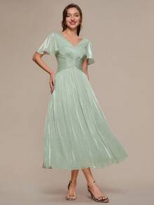 EVERPRETTY Women's Elegant Romantic V-Neck Short Sleeve Ruffle Sleeve Chiffon Evening Dress, Suitable For Spring/Summer Wedding, Formal Occasion, Graduation Party, Holiday, Birthday Party - Mint Green - View 6