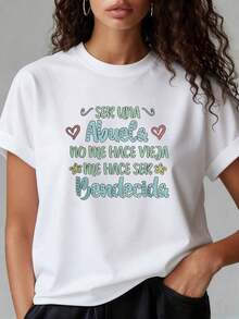 Plus Size - Plus Size - Plus Size T-Shirt, Spanish BEING A Grandmother HASN'T MADE ME OLD, IT HAS BLESSED ME, Heart Of Love Warm Flower Slogan Of Family Affection Letter Print, Women's White Short Sleeve Round Neck T-Shirt, Suitable For Spring, Summer And Autumn Women Standard Size Casual T-Shirt Breathable Lightweight Short Sleeve Tee Blouses For Women Shirt - 白色 - 查看 7