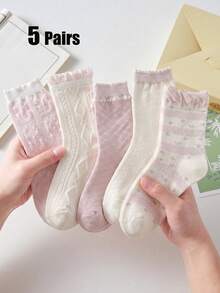 5 Pairs Cute Ruffle Trim Knee High Socks For Women, Soft & Comfortable, Student Style, Suitable For All Seasons In Pink & White - Multicolor - View 5