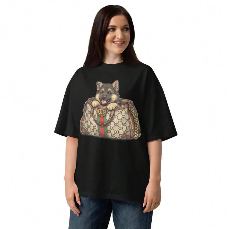 1 Piece, Vintage-Style Top With A Luxury Bag Print And Adorable Puppy, Urban-Style Pattern, Couple's Clothing, Sizes S-3XL, Unisex, Urban Fashion, Summer Casual, Elegant Style For Women, Cotton Crew Neck T-Shirt For Everyday Wear. | Perfect Holiday Gift | 100% Cotton Fabric | Soft And Comfortable | Crew Neck T-Shirt | - 黑色 - 查看 1