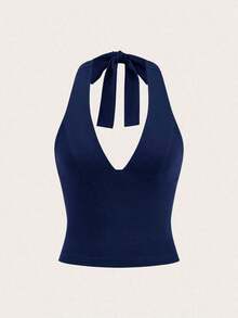 Top de tirantes de cuello halter sin espalda con cuello en V de color liso, uso casual diario - Azul marino - Ver 6