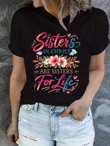 Women's Large Size Pure Cotton T-Shirt With Christian Bible Sisters And Christ Print, Short Sleeve And Round Neck, Summer Casual Style, Machine Washable Floral Design, Sister T-Shirt, Large Size Summer Clothing For Women, Large Size Summer Top, Large Size Blouses And Tops For Women. D3SA - 黑色 - 查看 1