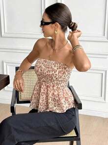 Top bandeau con volantes y estampado de leopardo, top sin tirantes, top de estilo vacacional sexy y elegante para mujer - Multicolor 2 - Ver 8