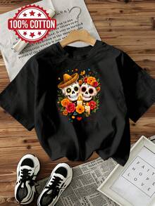 Women's T-Shirt: This Casual, Short-Sleeved, Crew-Neck T-Shirt Features A Relaxed Fit And Is Made From 100% Cotton. It's Comfortable, Breathable, Machine Washable, And Easy To Care For. The Design Includes A Mexican Day Of The Dead Skull Print And Floral Motifs. This New 2026 Summer T-Shirt Is Perfect For Travel And Everyday Wear, And Is Specially Designed For Women. - 黑色 - 查看 7