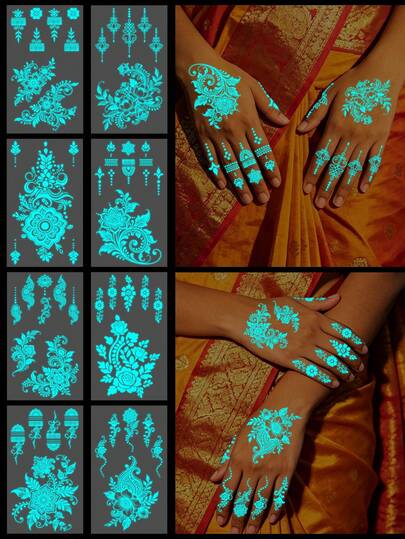 Bộ 10 tờ hình xăm dán kiểu henna phát sáng, hình xăm dán tạm thời chống thấm nước theo họa tiết henna dành cho phụ nữ, tiệc cưới.