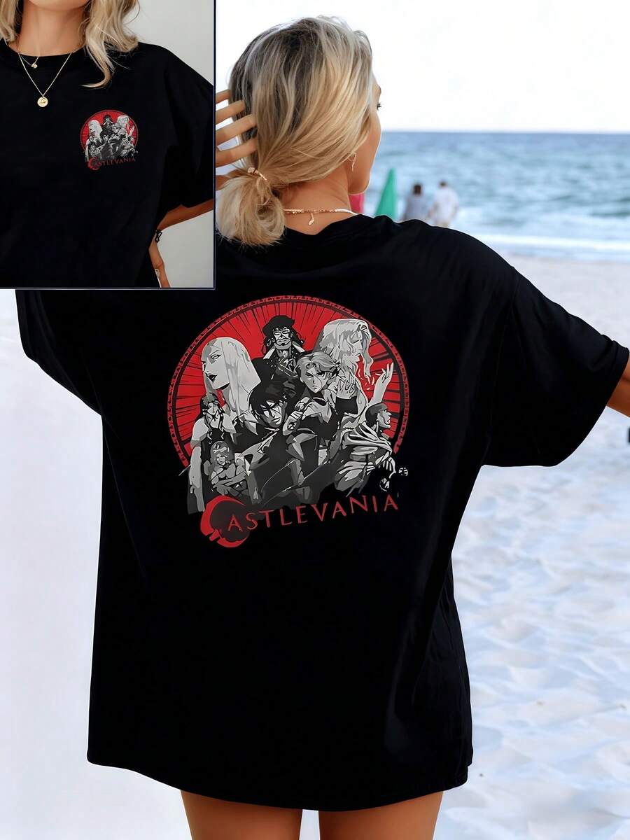 A Symbol Of Strength And Mystery With Heroic Figures Linked Under A Red Circle That Evokes Energy And Power. A Modern And Comfortable Double-Print Women's T-Shirt For Everyday Wear. - 黑色 - 查看 1