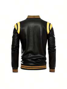Men's Urban Style Jacket In Faux Leather, Long Sleeve With Zip Closure, Regular Fit, Casual Color Block Design, Pockets, Polyester Lining And Baseball Collar. - Black - View 4