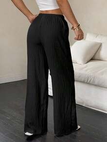 Pantalones de pierna ancha con bolsillo en diagonal, cintura anudada y tela de textura de unicolor para mujer - Negro - Ver 2