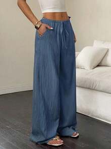[Free Shipping]Women's Casual Plain Slant Pockets Textured Long Pants Fall Cloth For Women - Teal Blue - View 4