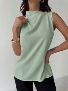 Camisa de oficina blanca sin mangas con cuello plisado asimétrico y botones metálicos, elegante y versátil para el uso diario, primavera/verano - verde menta - Ver 6
