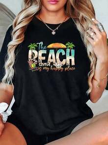Women's Cotton Short Sleeve T-Shirt With Round Neck And Beach Vacation Print, Casual Summer Graphic Tops. 100% Cotton Round Neck Soft Fabric, Breathable And Cool Short Sleeves - 黑色 - 查看 1
