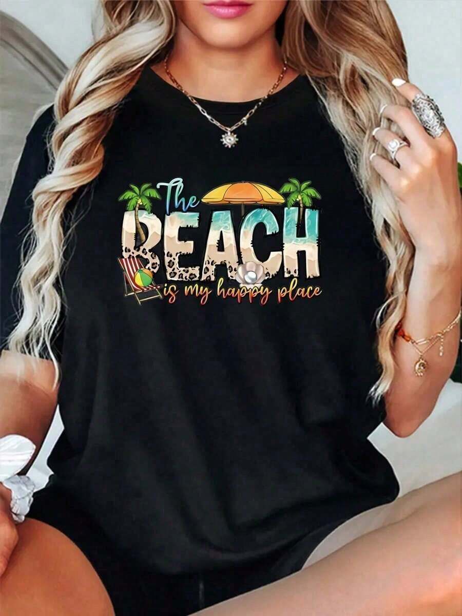 Women's Cotton Short Sleeve T-Shirt With Round Neck And Beach Vacation Print, Casual Summer Graphic Tops. 100% Cotton Round Neck Soft Fabric, Breathable And Cool Short Sleeves - 黑色 - 查看 1