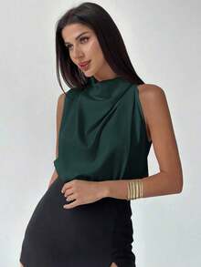Camisa asimétrica plisada de color albaricoque, elegante y de moda, para uso diario en la oficina, de vacaciones o en festivales de música, para primavera/verano - Verde Oscuro - Ver 9