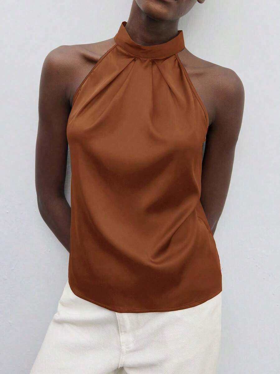 Blusa holgada de unicolor de estilo minimalista, elegante y urbano para uso diario, con estilo romántico retro de los 90, adecuada para Navidad, Año Nuevo, San Valentín, fiestas, playa, graduación, moda, carnaval, vacaciones, invitados de boda, br - Marrón - Ver 1
