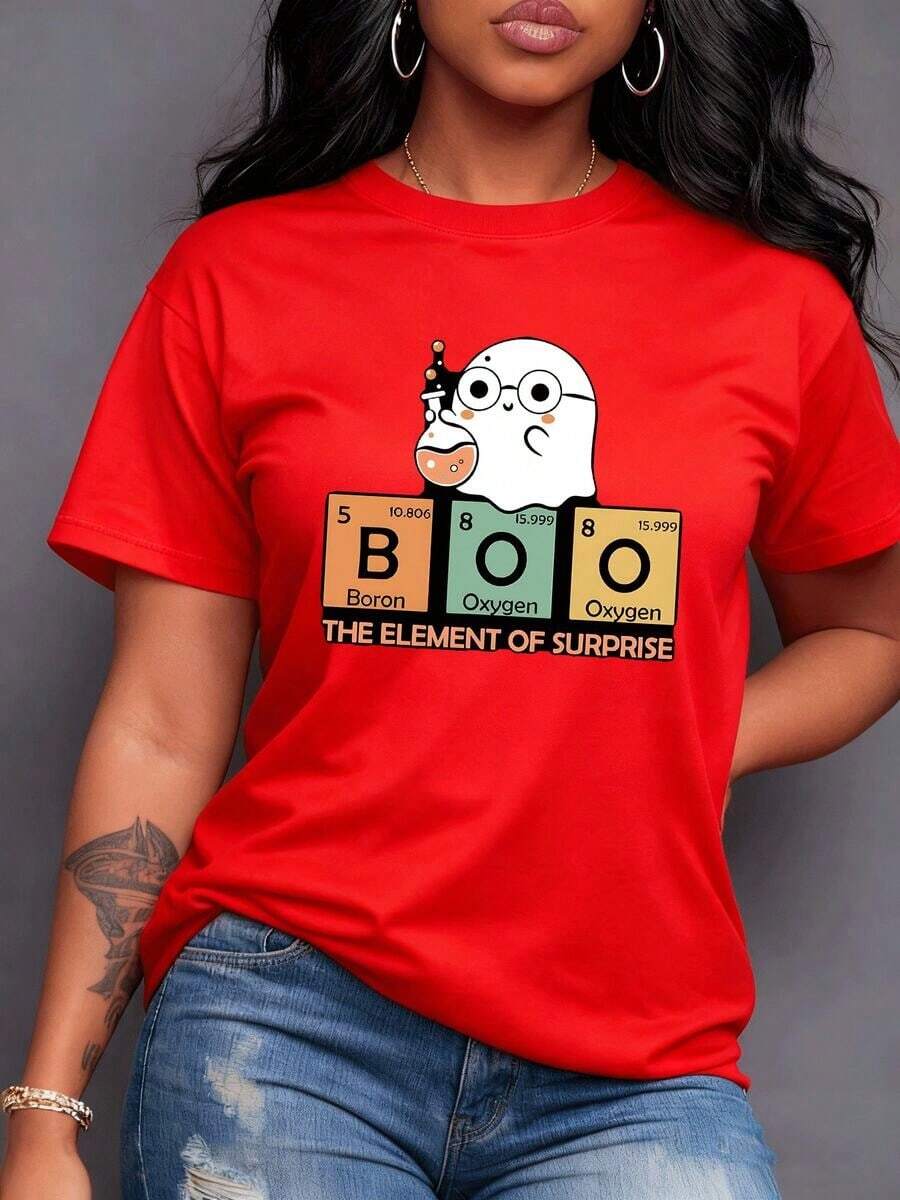 Intelligent Ghost With Glasses And Laboratory Flask Elements Boron Oxygen Oxygen Form BOO And The Phrase The Element Of Surprise Perfect Mix Of Scientific Humor Women's T-Shirt 100% Cotton, Casual Short Sleeve. - 紅色 - 查看 1