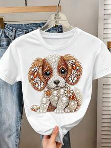 Women's Short-Sleeved T-Shirt With A White Diamond Puppy Print, Soft And Smooth, Round Neck, Casual Design, Cool And Breathable, With An Attractive Urban Bohemian Retro Style, Suitable For Daily Comfort And Lounging. - 白色 - 查看 8