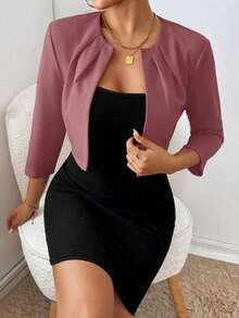 Blazer de manga corta minimalista de unicolor para mujer para uso diario en otoño/invierno - Rosa vieja - Ver 5