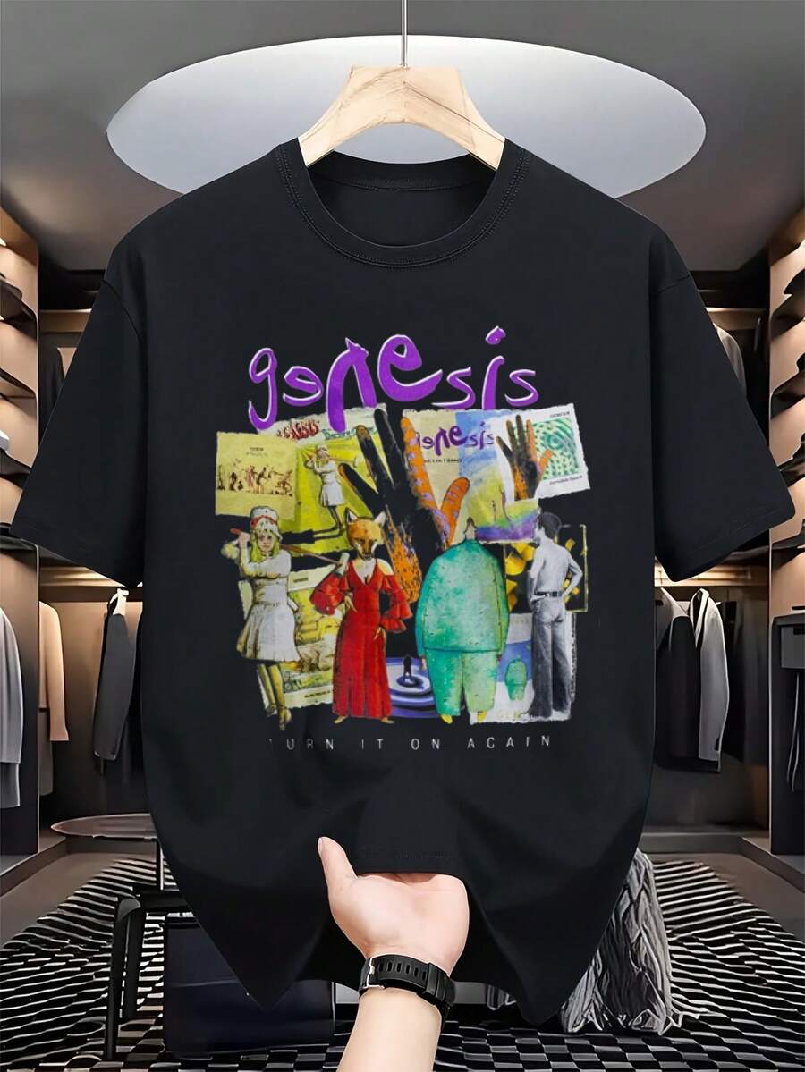 Unisex T-Shirt Featuring The Genesis Rock Band's "Turn It On Again" Logo Print. Soft And Versatile, This All-Season Casual Essential Is Perfect For Any Time Of Year. An Affordable Everyday Wearer, It Makes A Great Gift For Fans And Friends. With Its Crisp, Streamlined Cut, This Garment Creates A Clean And Vibrant Look. Its Relaxed Yet Flattering Silhouette Suits All Body Types, Offering A Style That's Both Casual And Sophisticated. - 黑色 - 查看 1