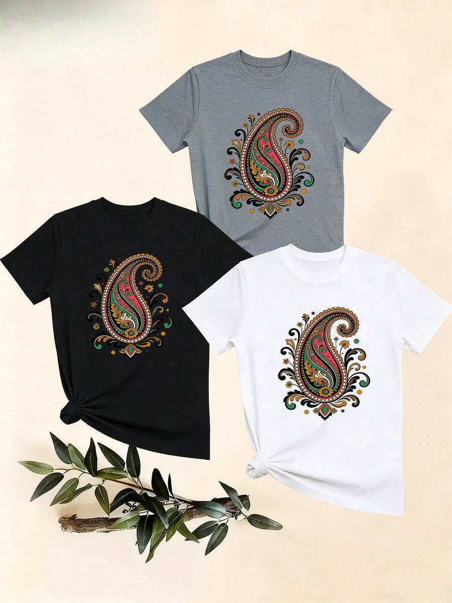 Women's T-Shirts, Women's T-Shirts, Casual Short-Sleeved T-Shirt With Round Neck And Paisley Print, Comfortable And Breathable Top For Everyday Wear. - 1件黑色隨機圖案 - 查看 1