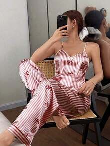 Conjunto de pijama de mujer con pajarita y top de camisola con estampado de rayas de seda sintética y pantalones - Burdeos - Ver 6