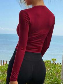 Chaqueta corta casual de verano de unicolor, de cuello redondo, de manga larga y con abertura frontal, ajustada para mujer - Burdeos - Ver 5
