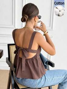 Camiseta de tirantes de algodón de unicolor casual para mujer - Marrón 2 - Ver 1
