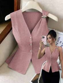 Nueva blusa de verano para mujer con diseño de hebilla de metal minimalista y elegante, escote en V y sin mangas que favorece la silueta - Rosa - Ver 1