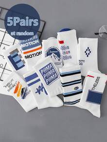 5 Pairs Random Vintage Letter & Number Print Socks, Fashionable Men's Sports Socks, Cool Style - Multicolor - View 1