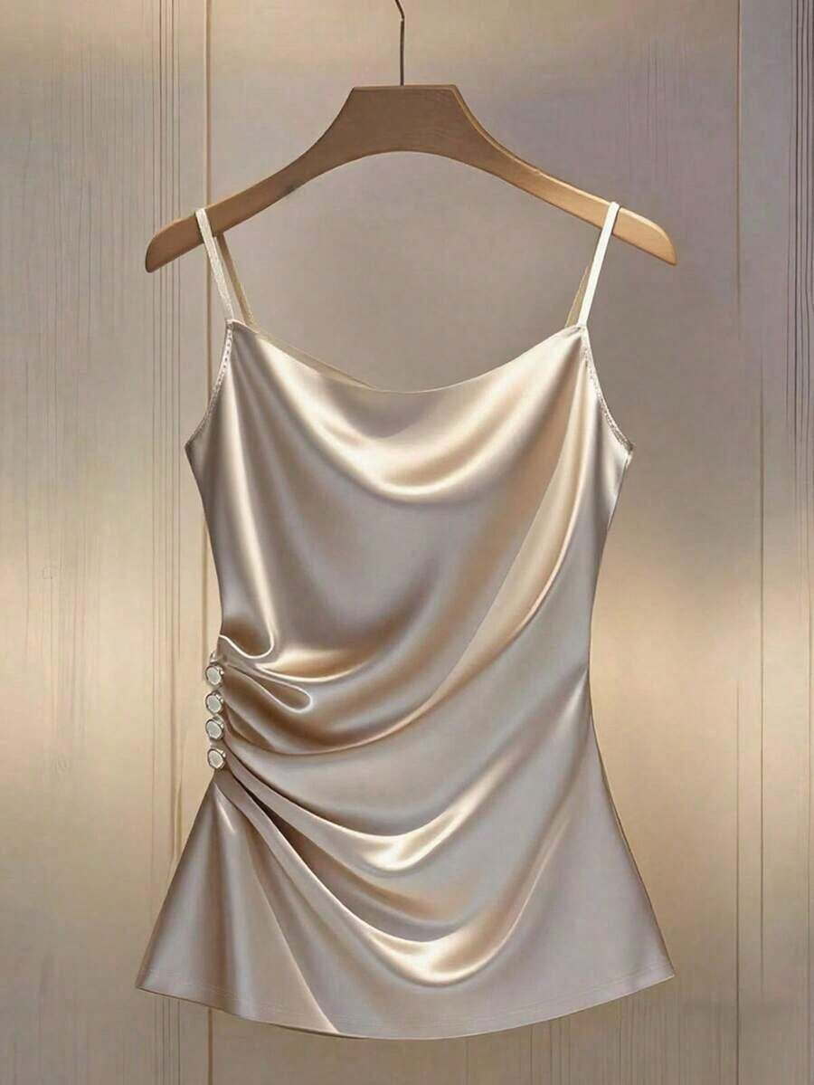 Camiseta ajustada con escote pronunciado y decoración de botones fruncidos en los laterales, de moda para mujeres - Albaricoque - Ver 1