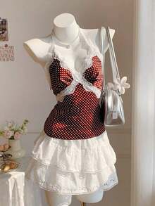Top halter sin espalda con parches de lunares y encaje para mujer - Marrón - Ver 3