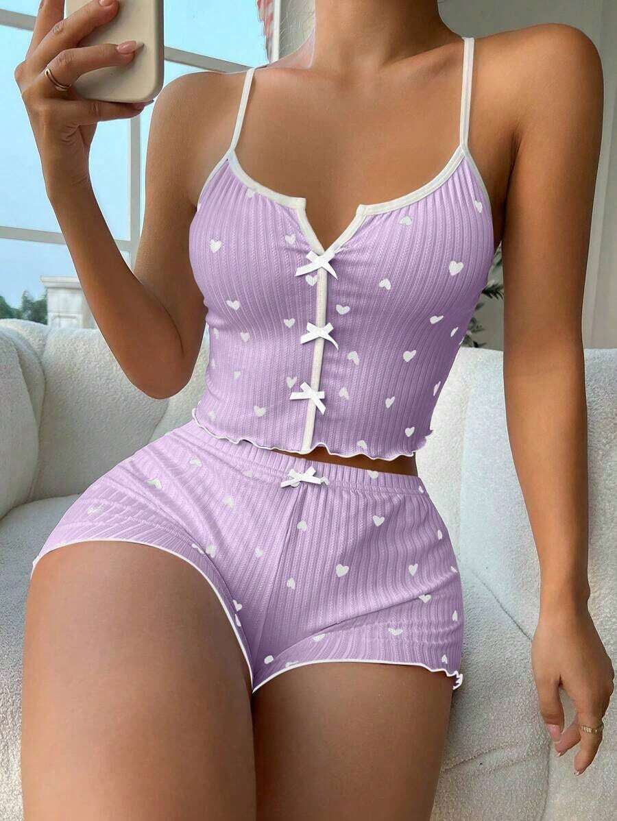 pijama / Pijama con estampado de corazón, ribete contrastante y lazo delantero - Púrpura malva - Ver 1