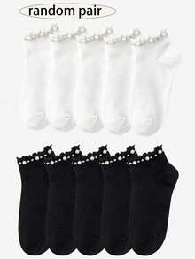 1/3/6/8/10 /12Pairs Women's Pearl-Embellished Ruffle Ankle Socks, Solid Color Casual No-Show Socks - Black and White - View 7